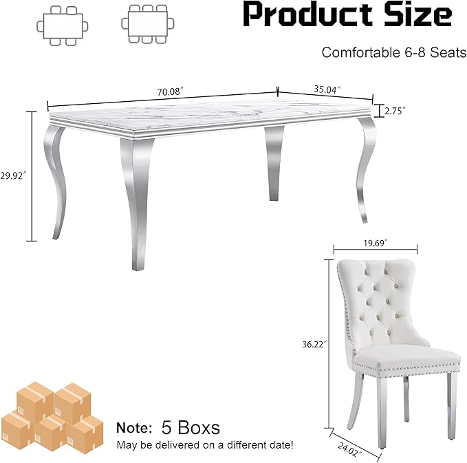 7-Piece Dining Table Set for 6, Faux Marble Dining Table Set with 70'' Marble Dinner Table and 6 Velvet Wing Back Chairs for Kitchen, Dining Room, White & Silver