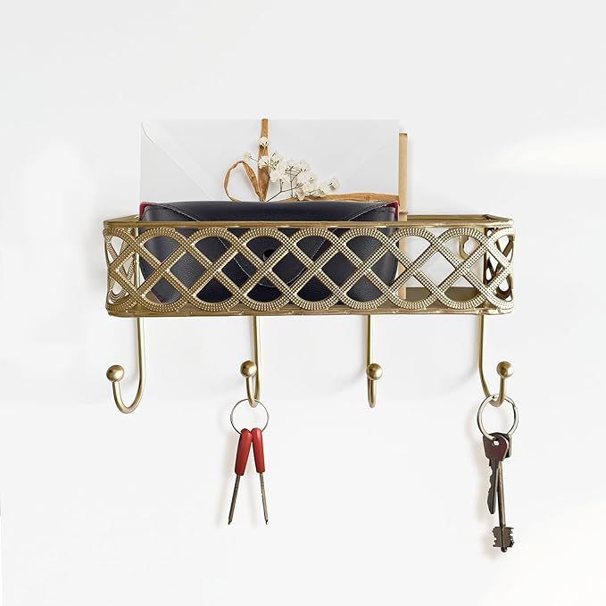 Celtic Knot Key Holder Wall Shelf - Entryway Wall Mounted Organizer with 4 Hooks, Metal Storage for Keys, Wallets, Bags, Hats (Golden)