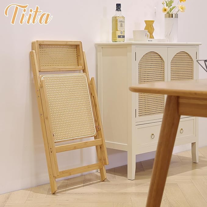 Tiita Rattan Dining Chairs Set of 1, Mid Century Modern Folding Chair, Bamboo Folding Dining Chairs for Small Space, Dining Room, Living Room, Bedroom, Wood