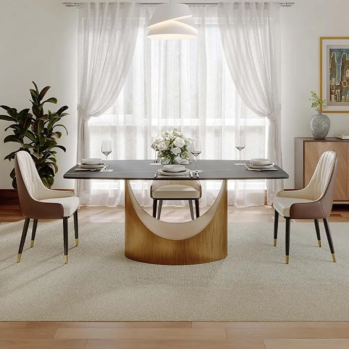 POVISON 63" Hobart Modern Dining Table for 4, Matte Black Heavy-Duty Rectangle Dining Table, Sintered Stone Dining Tabletop with Bronze Carbon Steel Pedestal (Table Only)