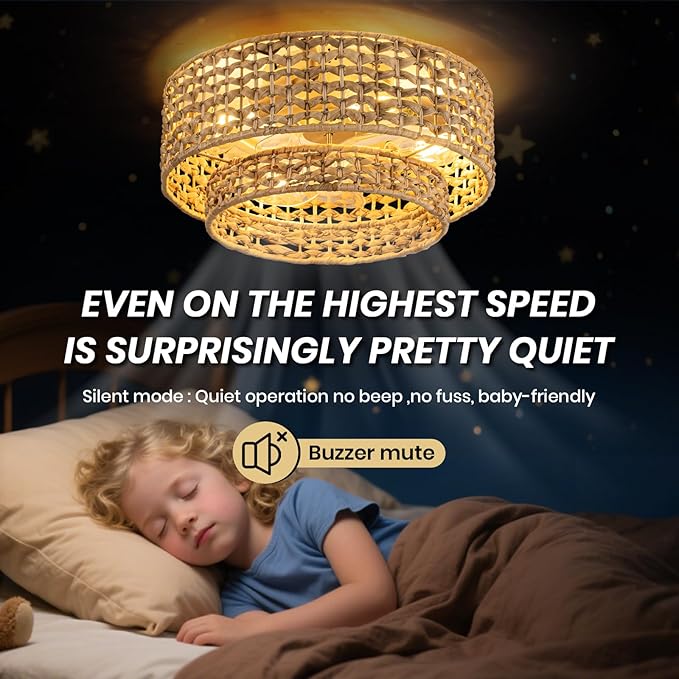 Boho Caged Ceiling Fan with Lights Flush Mount, Handwoven Layered Rattan Fandelier ceiling fan with Remote Control, Reversible 6-Speed Enclosed Ceiling Fan Light for Bedroom, Living Room, Nursery, E26