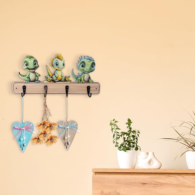 Dog Leash Holder for Wall Mount, Farmhouse Wooden Dog Claw Hooks, Paws Key Rack Accessories for Rustic Home Decor (Dinosaur)