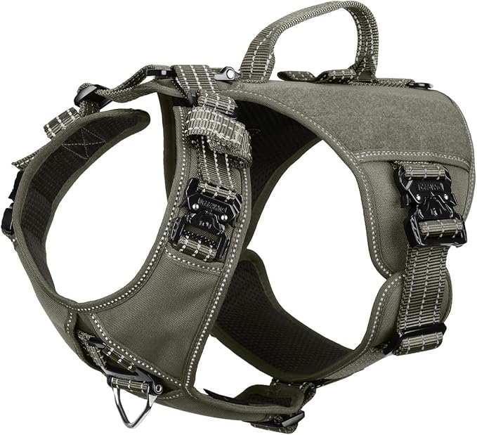 ICEFANG GN8 Tactical Dog Harness with 4X Metal Buckles for Large Sized Dogs,Reflective in Training Walking K9 Dog Vest,No-Pull Front Leash Clip,Adjustable Pet Harness (Green, Large (Pack of 1))