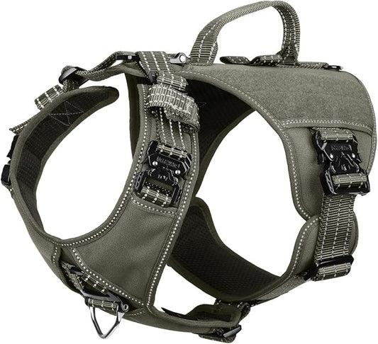 ICEFANG GN8 Tactical Dog Harness with 4X Metal Buckles for Large Sized Dogs,Reflective in Training Walking K9 Dog Vest,No-Pull Front Leash Clip,Adjustable Pet Harness (Green, Large (Pack of 1))