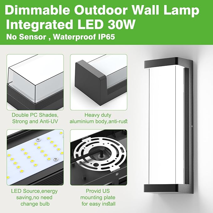 10%-100% Dimming LED Modern Outdoor Wall Light 2 Packs, 16in 6000K Dimmable Porch & Patio Wall Light Fixture,Black Aluminum&Dual PC Wall Lights for Garage Living Room Courtyard House(2Packs 6000K)