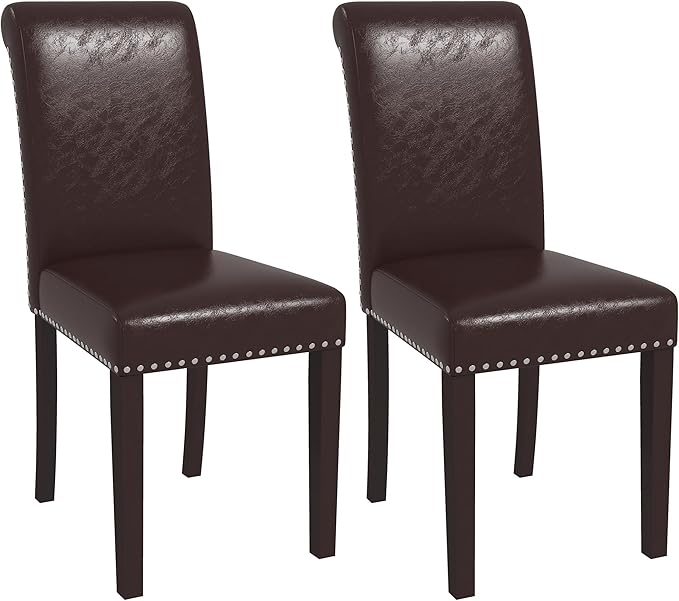 Westice Dining Room Chairs Set of 2 Upholstered PU Leather Kitchen Chairs Dining Room Side Chair with Nailhead Trim and Rubber Wood Legs for Small Space Apartment, Brown