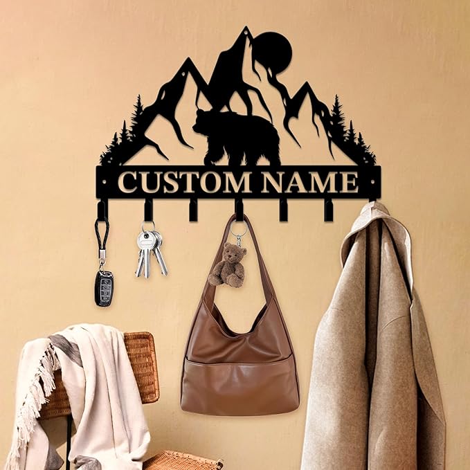 Personalized Custom Name Bear Key Wall Hooks,Metal Bear Keys Clothes Hooks,Metal Bear Wall Home Storage Decorative,For Front Door, Hallway, Kitchen, Bedroom,Keys,Hats (Style L)