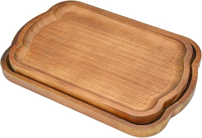 Rustic Wood Serving Tray Set of 2 Brown Rectangular Decorative Trays Farmhouse Charcuterie Boards Platter for Food, Fruit, and Coffee Great for Bed, Living, Ottoman, Coffee Table, Kitchen, or Party.