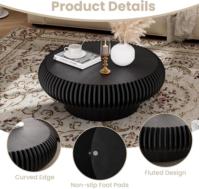 Round Fluted Coffee Table Modern Handcraft Drum Coffee Table with Sturdy Pedestal 31.5" Farmhouse Center Table Tea Table for Living Room, Reception Room, Entertainment Room (Black 31.5 inch)