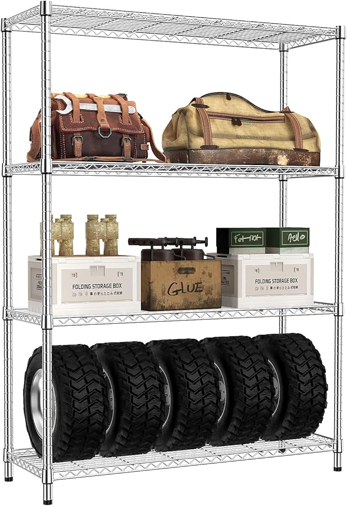 IZEUK 4-Tier Adjustable Heavy Duty Metal Wire Shelving Unit, Wide Storage Rack Organizer for Garage, Kitchen, Office, Dorm, Warehouse (Silver, 15.8" D x 45.8" W x 59.4" H, 1400 lbs Capacity)