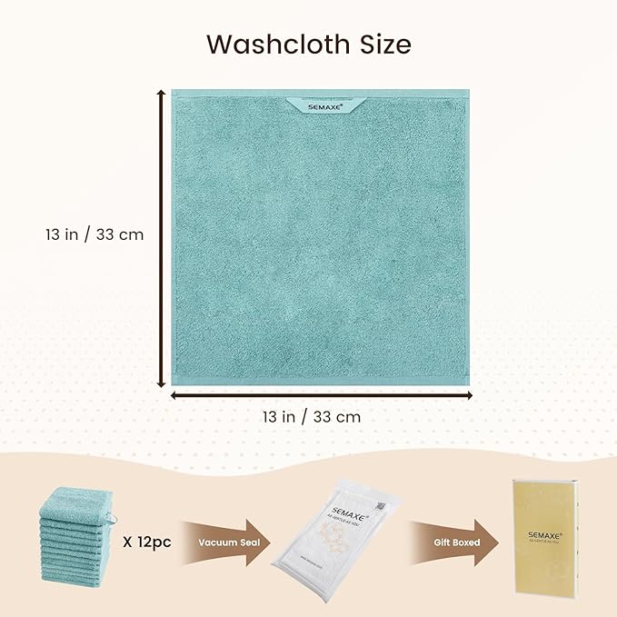 SEMAXE 100% Cotton Washcloths 12-Pack, 13 × 13 Inch Soft Luxury Face Towels – Super Absorbent & Quick-Dry, Premium Cloth with Hanging Loop, Oeko-TEX Certified, Gift-Ready Box