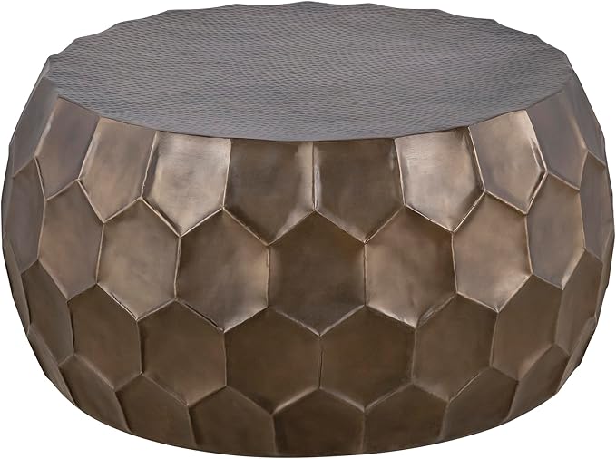 Modern Contemporary Round Aluminum Material 32" Coffee Table and 21" Height Table 2PC Table Set with Glossy Diamond-Patterned Base Antique Gold