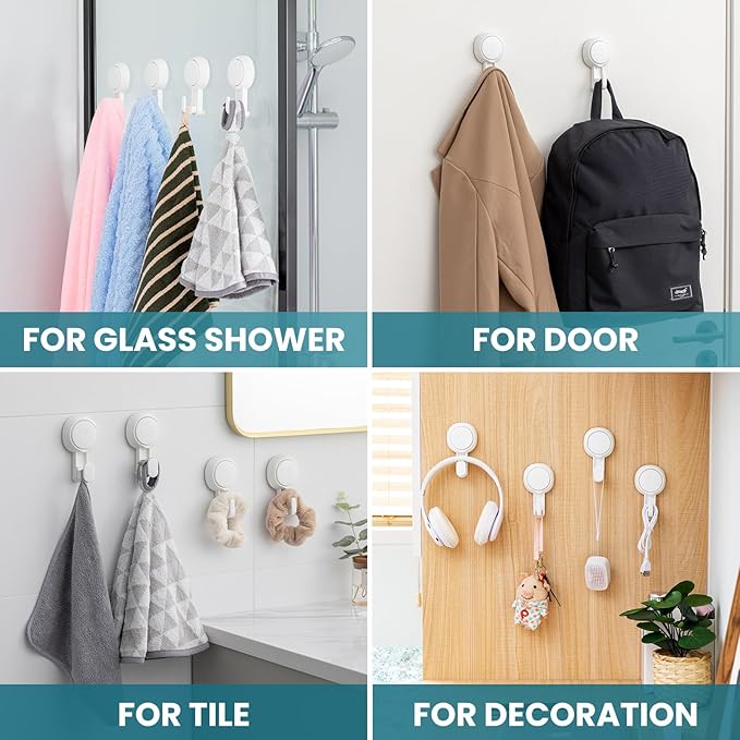 TAILI Suction Towel Hook for Bathroom, Damage-Free Hanging Hooks for Inside Shower Wall, Powerful Vacuum Suction Cup Shower Holder for Towel, Loofah, Cloth, Easy to Install and Remove, White, 4 Pack