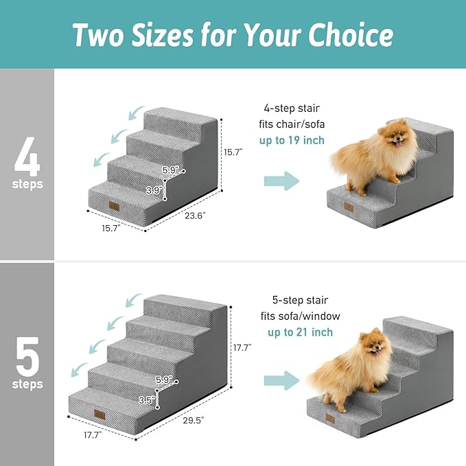 Slope Dog Stairs 15.7" H, Pet Steps for Couch Sofa Chair, Ramp for Small Dogs Puppy Cats Seniors with Removable Washable Cover, 4 Step, Grey
