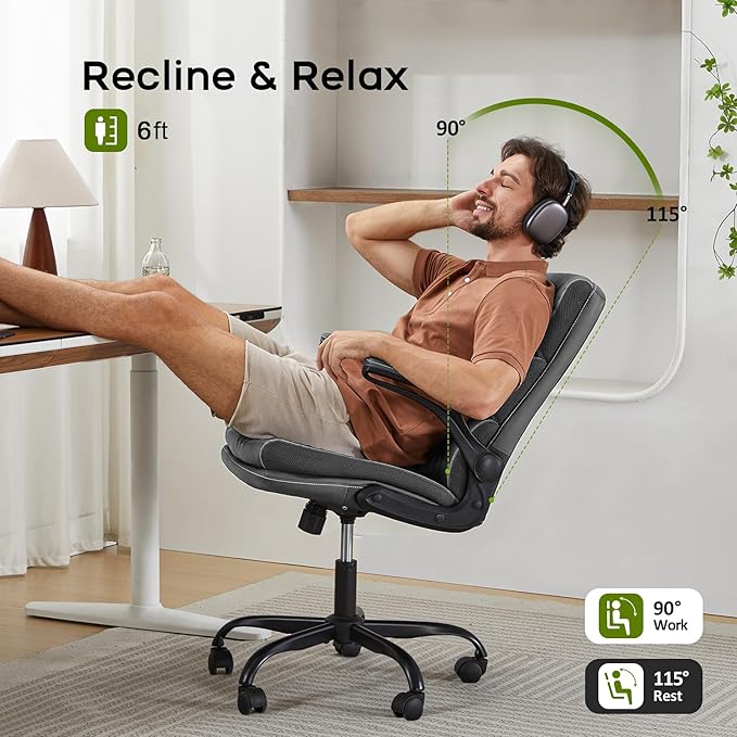 Office Chair Adjustable Desk Chair Mid Back Executive Comfortable Bonded Leather Ergonomic Back Support Home Computer Chair with Padded Flip-up Armrest Swivel Wheels (Gray)