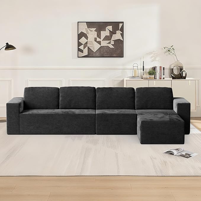 136" Modular Sectional Sofa with L-Shape Chaise, Right/Left Facing Deep Seat Cloud Couch, No Assembly Required, Upholstered Couch for Living Room Bedroom (Black, Plush Corduroy Fabric)