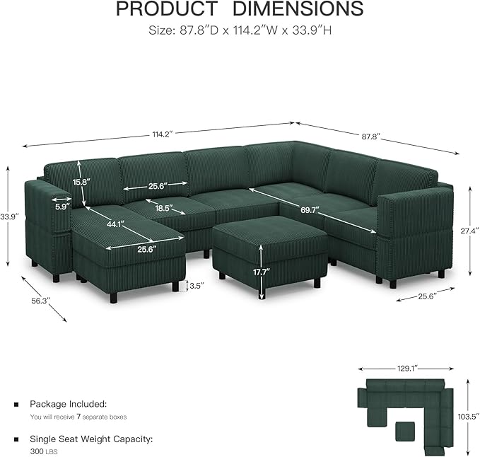 114.2" Modular Sectional Sofa with Deep Storage Seat,Corduroy U Shaped Sofa Couch Set,7 Seat Modular Couch with Movable Ottoman Chaise,Upholstered Sectional Couches for Living Room,Green