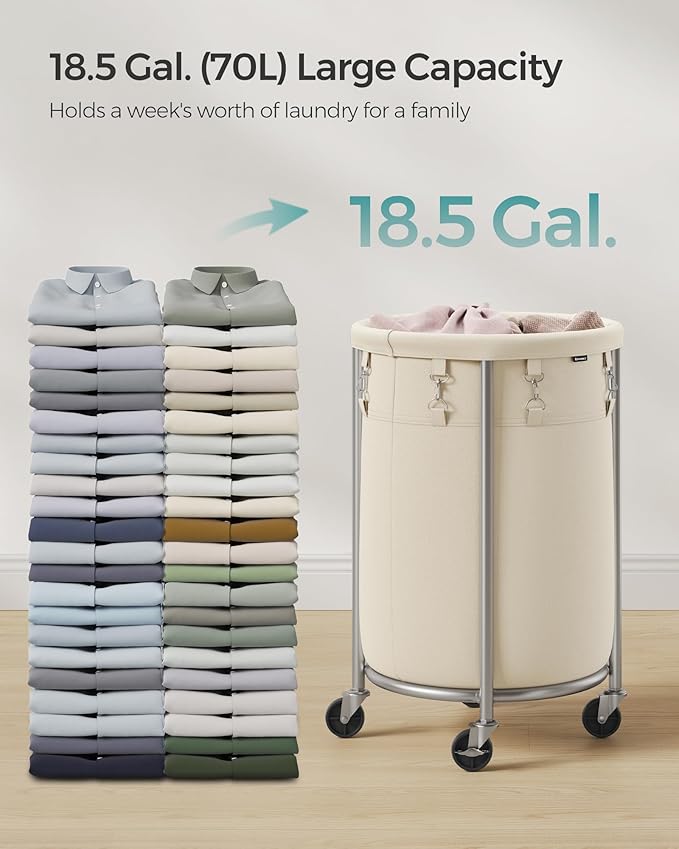 SONGMICS 18.5-Gallon (70 L) Laundry Basket with Wheels, Rolling Round Heavy-Duty Laundry Hamper Cart with Steel Frame and Removable Bag, 2 Locking Wheels, Cream White and Metallic Silver URLS006W01