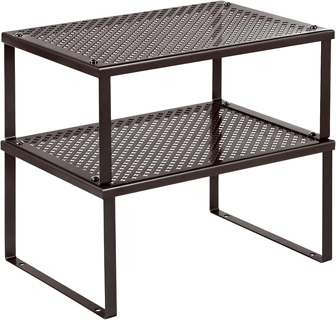 SONGMICS Spice Racks, Set of 2 Metal Cabinet Shelf Organizers, Countertop Organizers, Shelf Risers, Stackable, Expandable, Brown UKCS01BR