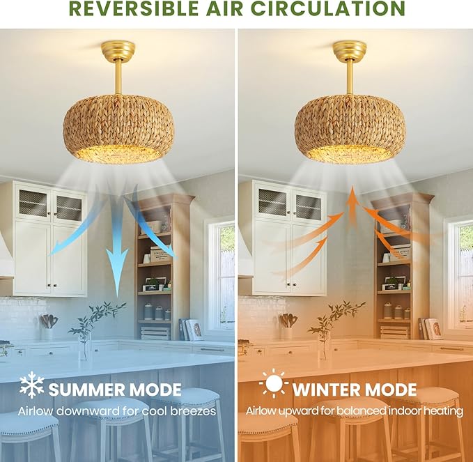 17.7" Caged Rattan Ceiling Fans with Lights, Boho Flush Mount Ceiling Fan with Light, Low Profile Chandelier 6 Speed Bladeless Reversible Ceiling Fan for Living Room Bedroom kitchen island dining room