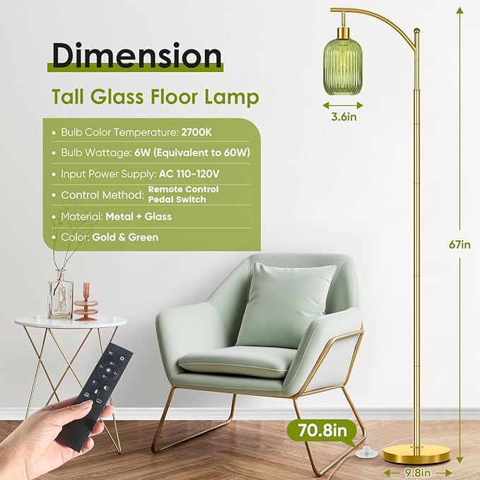 Gold Floor Lamp for Living Room with Remote Control,Unique Vintage Standing Tall Lamp,Mid Century Modern Floor Lamps Arc Green Glass Floor Lamps for Office Corner