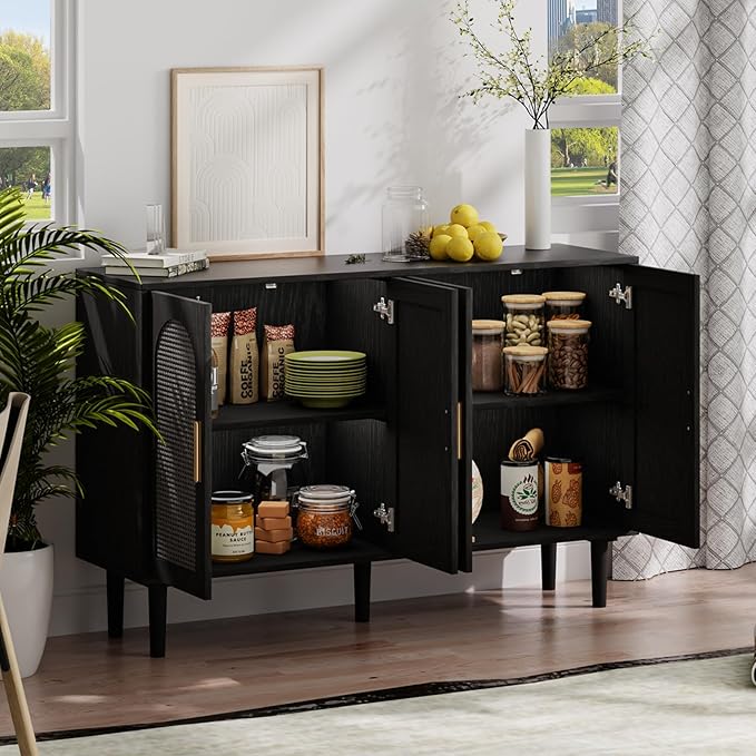 4-Door Rattan Sideboard Buffet Cabinet, 47" Large Storage Cabinet with Shleves, Wood Modern Accent Credenza Kitchen Table for Dining Room, Living Room & Entryway, Black & Grey