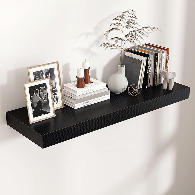 Floating Shelves for Wall, 36 Inch Wide x 12 Inch Deep Floating Shelves, Long Wood Floating Wall Shelf Shelves for Living Room Bathroom Bedroom Kitchen Home - (Black, 36" W x 12" D x 2" H)