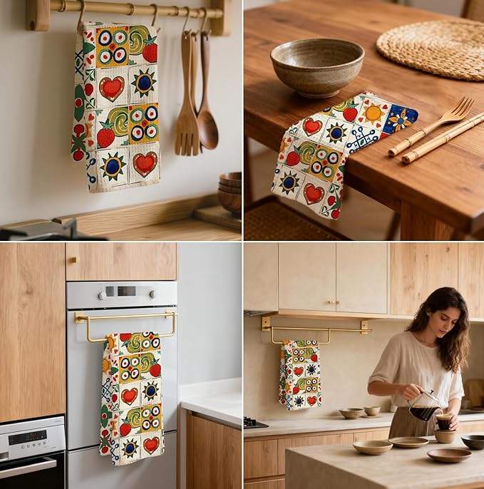 Spanish Kitchen Towels, Mediterranean Colorful Tile - Pattern Waffle Towels 16x24 Inch, Floral & Fruit Dish Towels Decor for Kitchen, Spanish Inspired Hand Towel for Bathroom Decor.