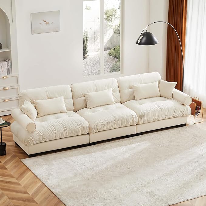 130" Oversized Couch, 3 Seater Modular Sectional Sofa, Beige White Large Sectional Couches for Living Room, Fluffy Couch Set, 3 Seater Velvet Cloud Couches with 5 Pillows, Deep Seat for Living Room