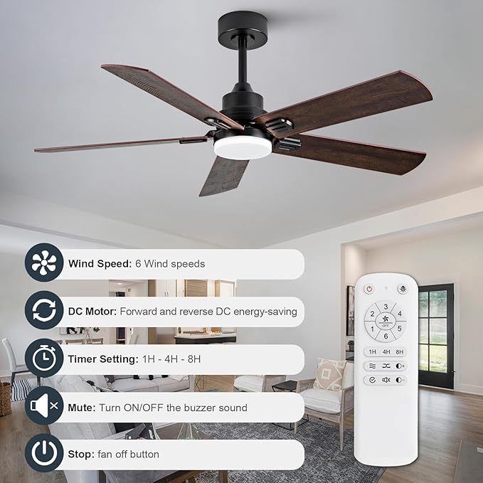 42 Inch Black Outdoor Ceiling Fans with Lights and Remote, Dimmable 5 Blade Outdoor Ceiling Fans for Patios, Black Ceiling Fan with Light for Bedroom Indoor Living Room