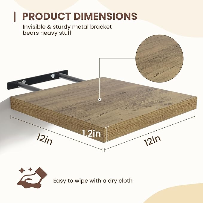 Fun Memories Square Floating Shelves for Wall - 12 Inch Deep Floating Shelves with Invisible Brackets, Grey Small Wall Shelf for Living Room, Bathroom, Bedroom, and Kitchen Decor，Set of 4