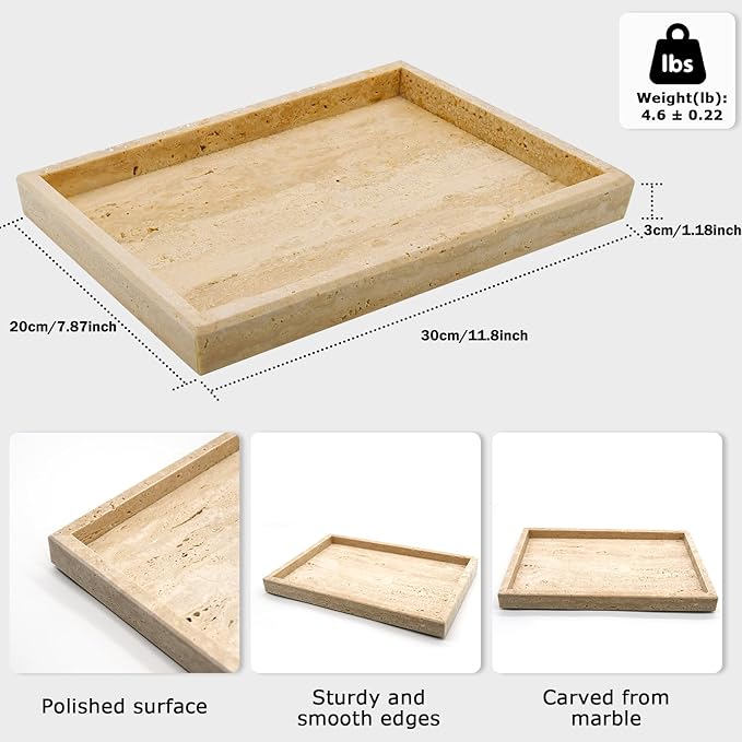 Travertine Tray,Bathroom Vanity Tray Non-Ceramic/Non-Resin,Marble Perfume Decorative Tray 12 x 8 inch (Travertine)