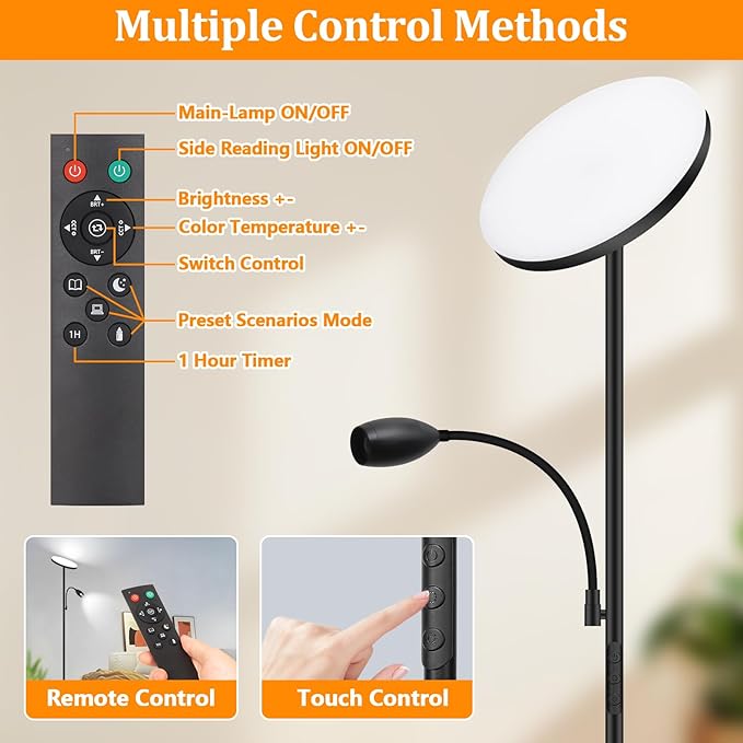 LED Torchiere Floor Lamp with Gooseneck Reading Light, 69" Dimmable Reading Floor Lamp with Adjustable Color Beam, Remote Control Standing Lamp, Zoomable Spotlight for Living Room,Bedroom,Office,Black