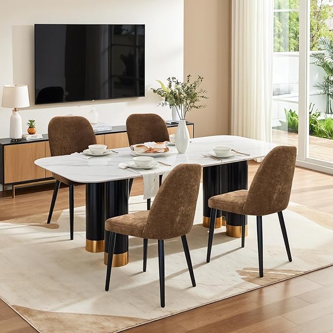 Upholstered Dining Chairs Set of 4, Mid Century Modern Fabric Dining Room Chair High-Back Padded Kitchen Chairs with Padded Seat and Metal Legs for Kitchen Dining Room Restaurant Cafe, Brown