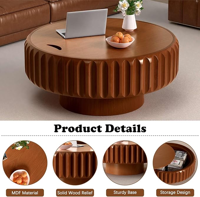 Round Coffee Table with Storage for Living Room, Handcraft Fluted Drum Coffee Table Modern Circle Wooden Coffee Table Cocktail Table for Home Office Apartment (Brown 31.5")