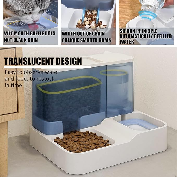 Kathson All-in-One Automatic Cat Feeder and Water Dispenser Set, Blue, Plastic, Multiple Pets