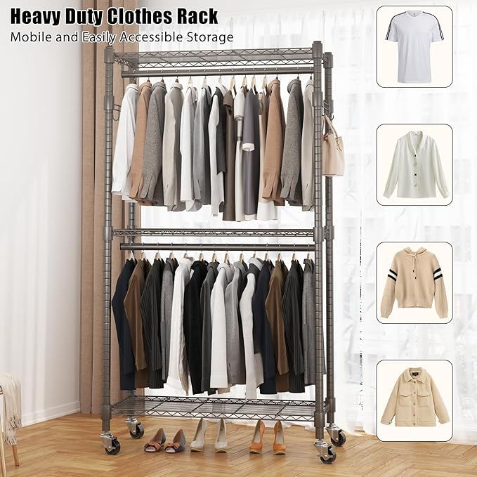 BATHWA Rolling Garment Rack Portable Closet Clothes Rack for Hanging Clothes, Metal Wardrobe Clothing Rack with Wheels and 8 Side Hooks, Double Rods, Adjustable Shelves, Gray