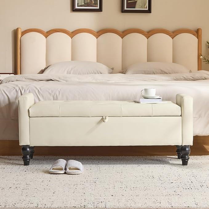 47" Storage Ottoman Bench, End of Bed Bench for Bedroom, Leather Upholstered Ottoman with Storage for Living Room, Entryway, Window (Beige)
