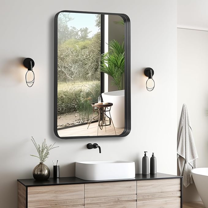 Wall Mirror 22" x 30" for Bathroom Black Metal Deep Frame Mirror for Wall Decorative Rectangular Round Corner Wall Mounted Vanity Mirror for Bedroom Entryway Living Room Wall Decor