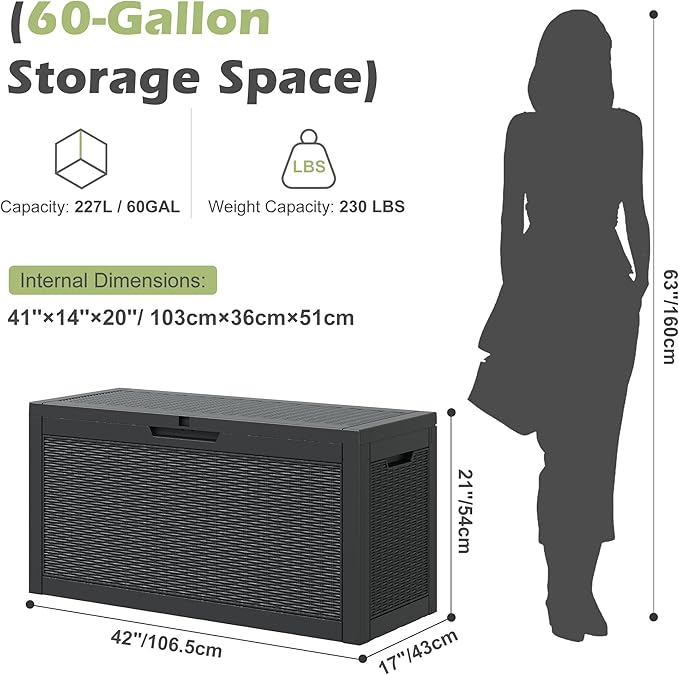 60 Gallon Outdoor Storage Box, Waterproof Resin Deck Box with Lockable Lid – Storage Cabinet for Patio Furniture, Pool Supplies, Garden Tools – Indoor & Outdoor Use