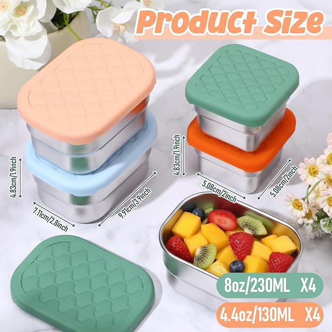 8 Pcs Stainless Steel Snack Containers 8oz & 4oz Easy Open Leak Proof Food Containers with Silicone Lids Reusable 304 Metal Food Box for School Home Picnic (Macaron)