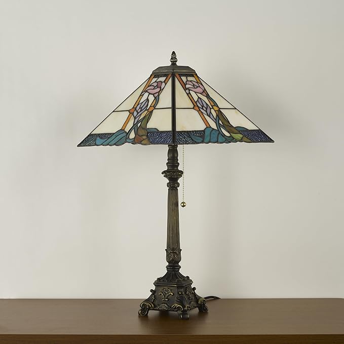 Tiffany Table Lamps Milky White Stained Glass Bugle Flowers Style Mission Desk Lamp 12X12X24 Inch Bronze Resin Base