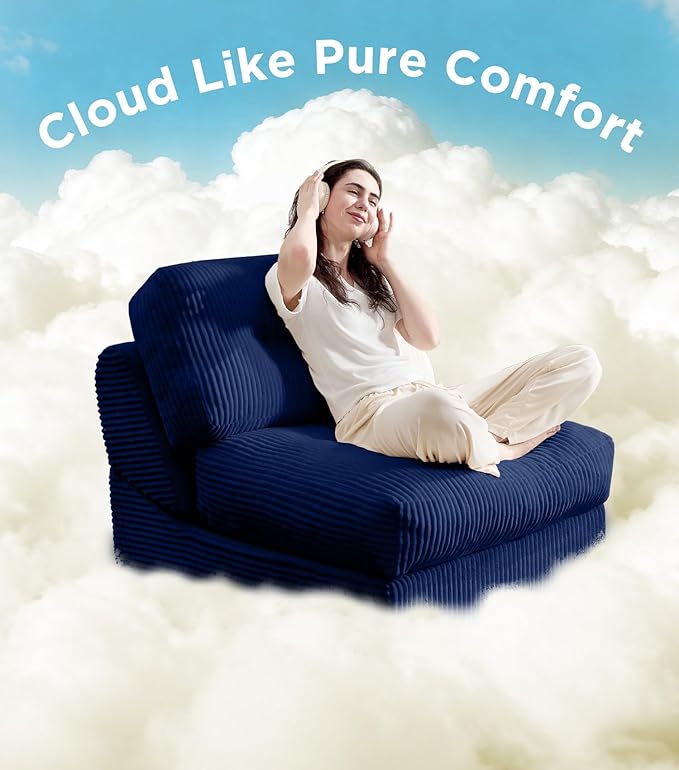 Tbfit Folding Sofa Bed, Convertible Sleeper Chair with Large Pillow, Corduroy Folding Couch Bed, Portable & Foldable Mattress Boneless Floor Sofa for Living Room, Bedroom, Office, Blue, Single