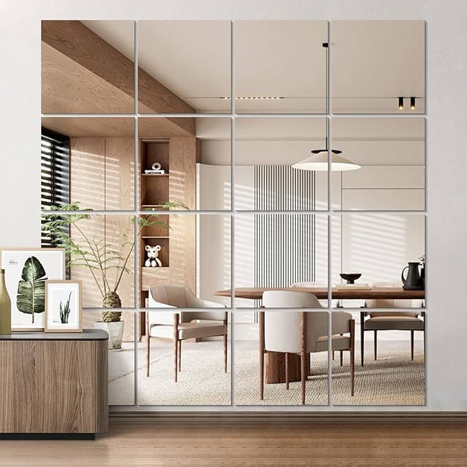 Vlush Home Gym Mirror Tiles 11'' x 11'' x 12PCS Adhesive Full Body & Full Length Mirror Wall Mounted Mirrors Decorative for Home Gym, Door, Bedroom & Bathroom