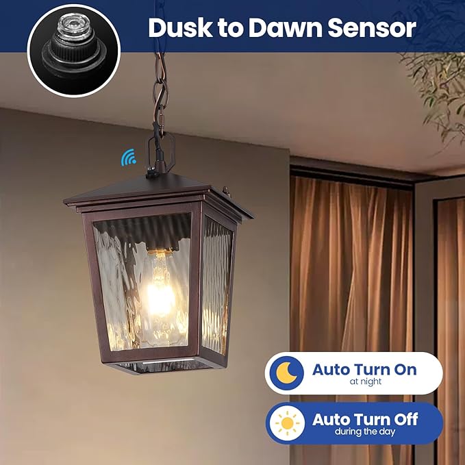Outdoor Pendant Light, Brown Outdoor Porch Light fixtures with Dusk to Dawn Sensor, Coffee Exterior Hanging Lantern Height Adjustable Outside Chandelier with Water Glass for House Patio Garage