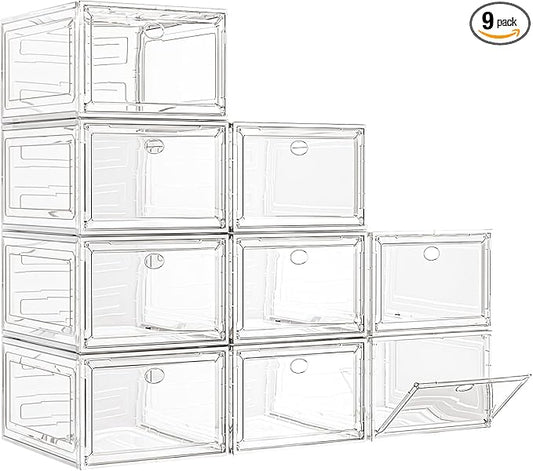 7 code Large Clear Shoe Boxes Organizer【Thicker Material】 Stronger Shoe Box with Magnetic Door, Stackable Shoe Storage Box for Closet, Foldable Space-Saving Storage Bins Shoe Cabinet, White 9 Pack
