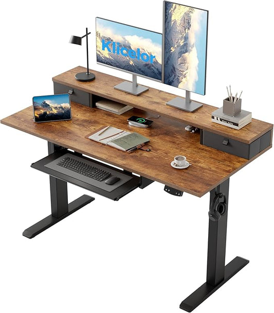 Klicelor 48 Inch Electric Standing Desk with Drawers and Keyboard Tray, Height Adjustable Desks for Home Office, Sit Stand Up Computer Workstation with Two Pieces, Rustic Brown