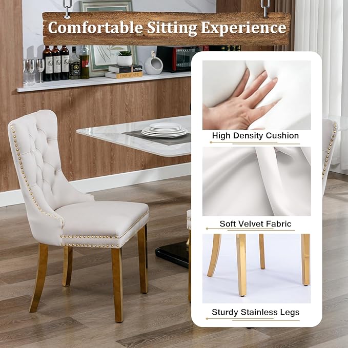 Goujxcy Small Round Dining Table Set for 4, Modern Glass Kitchen Table Chairs Set of 4, 5-Piece Dining Table Set w/36 Circle Gold Glass Dining Room Table and 4 Beige Upholstered Dining Chairs