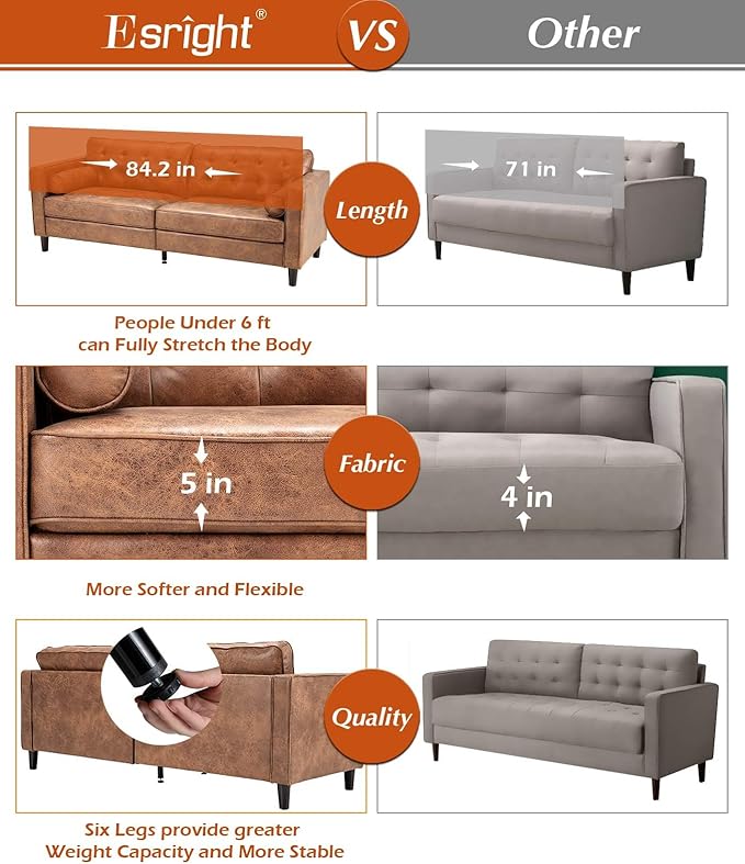 Esright Mid Century Modern Faux Leather Sofa, 84.2-Inch 3-Seater Vintage Couch with 2 Bolster Pillows, Large Brown Sofa for Living Room, Apartment, Office