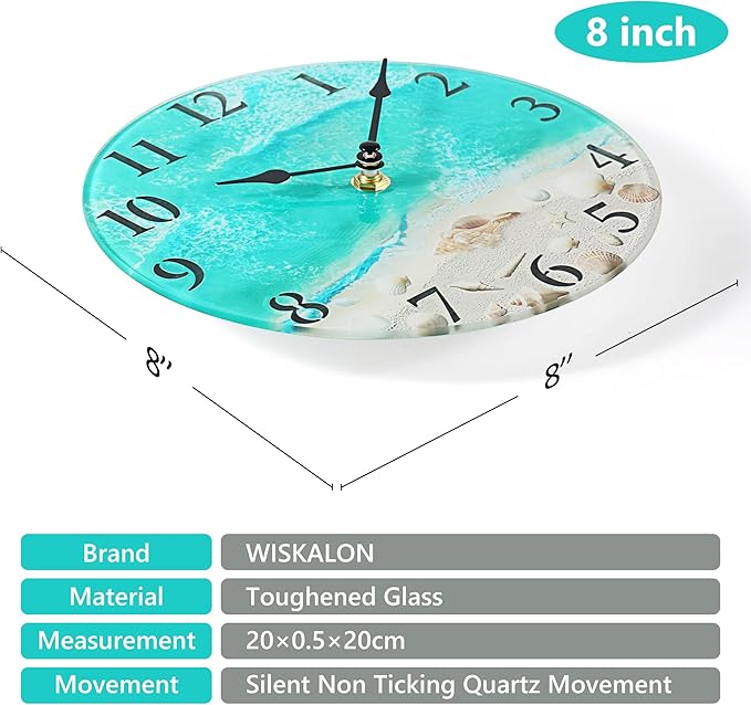 Coastal Nautical Glass Wall Clock with Seashell Design and Aesthetic Beach Theme - Battery Operated Silent Wall Decor for Home, Kitchen, Living Room, Office, Bedroom, or Bathroom (8 Inch,Teal)